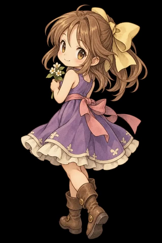 捧着小花、回眸微笑的冒险少女